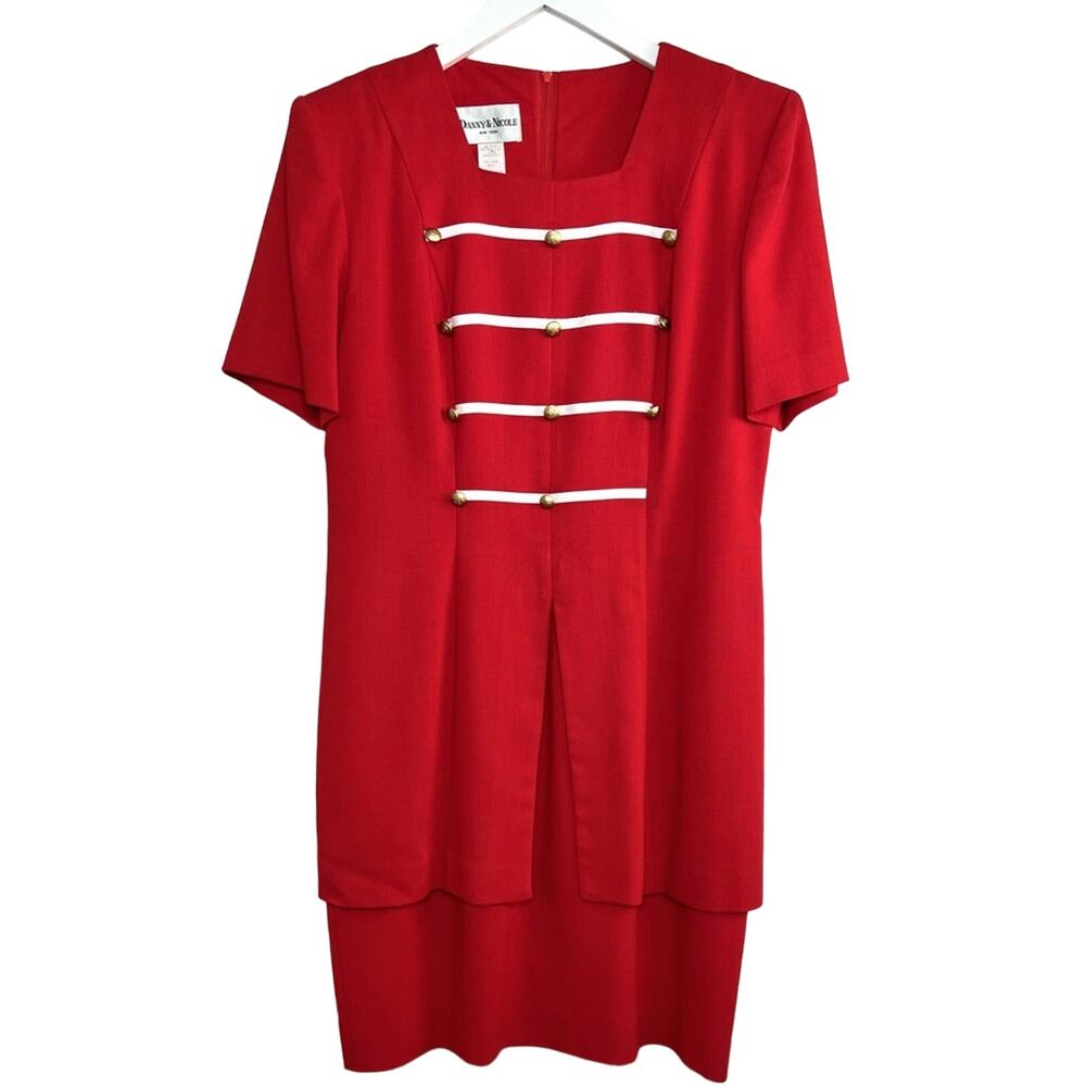 Vintage Danny & Nicole Size 12 Red Double Breasted Military Style Shift Dress